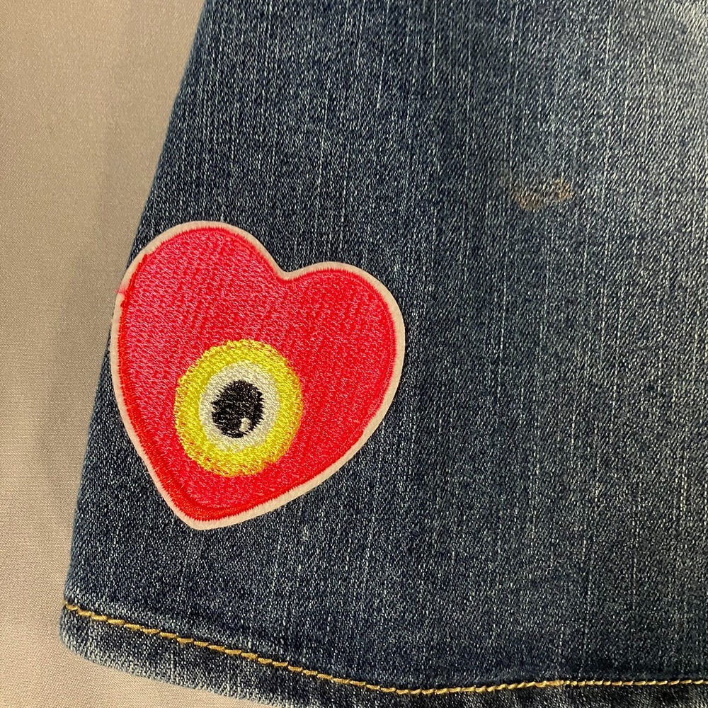 A-Line Denim Skirt Women's Size 14 Button Front Patches Embroidered 90s Y2K - Picture 10 of 15